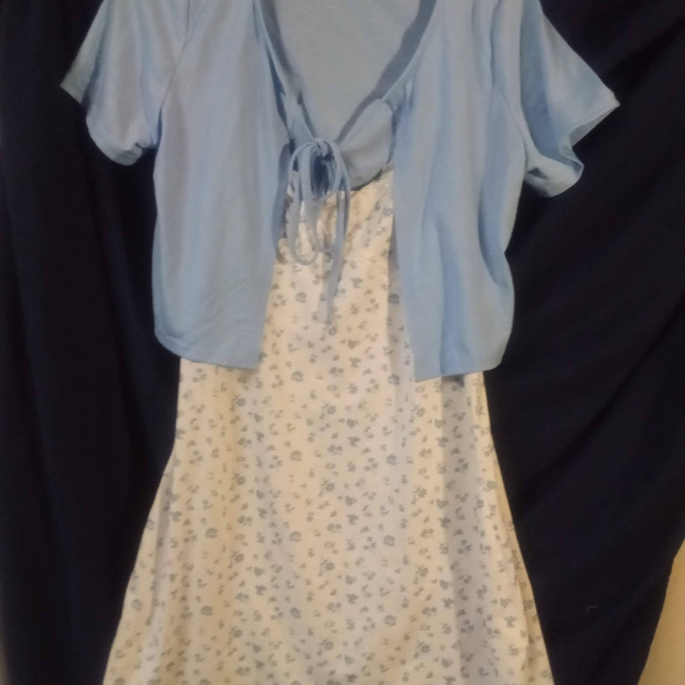 Romwe ditsy floral dress with solid blue front tie top.